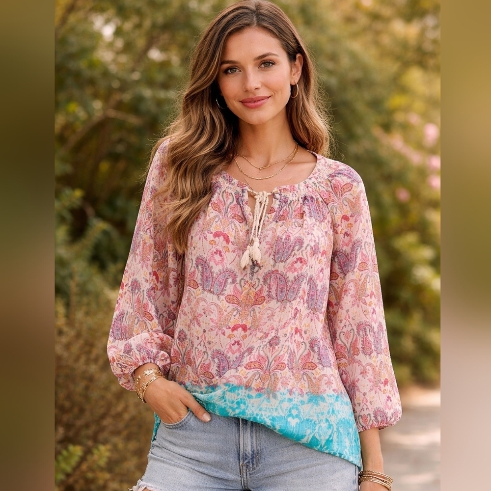 DR2 Women’s Medium Long Sleeve Shirt Boho Tunic Top Pop Over Tassels Multicolor